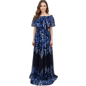 ELIZA J Navy Blue Floral Off The Shoulder Maxi Dress Flowy Ruffle Belted 12 NWT